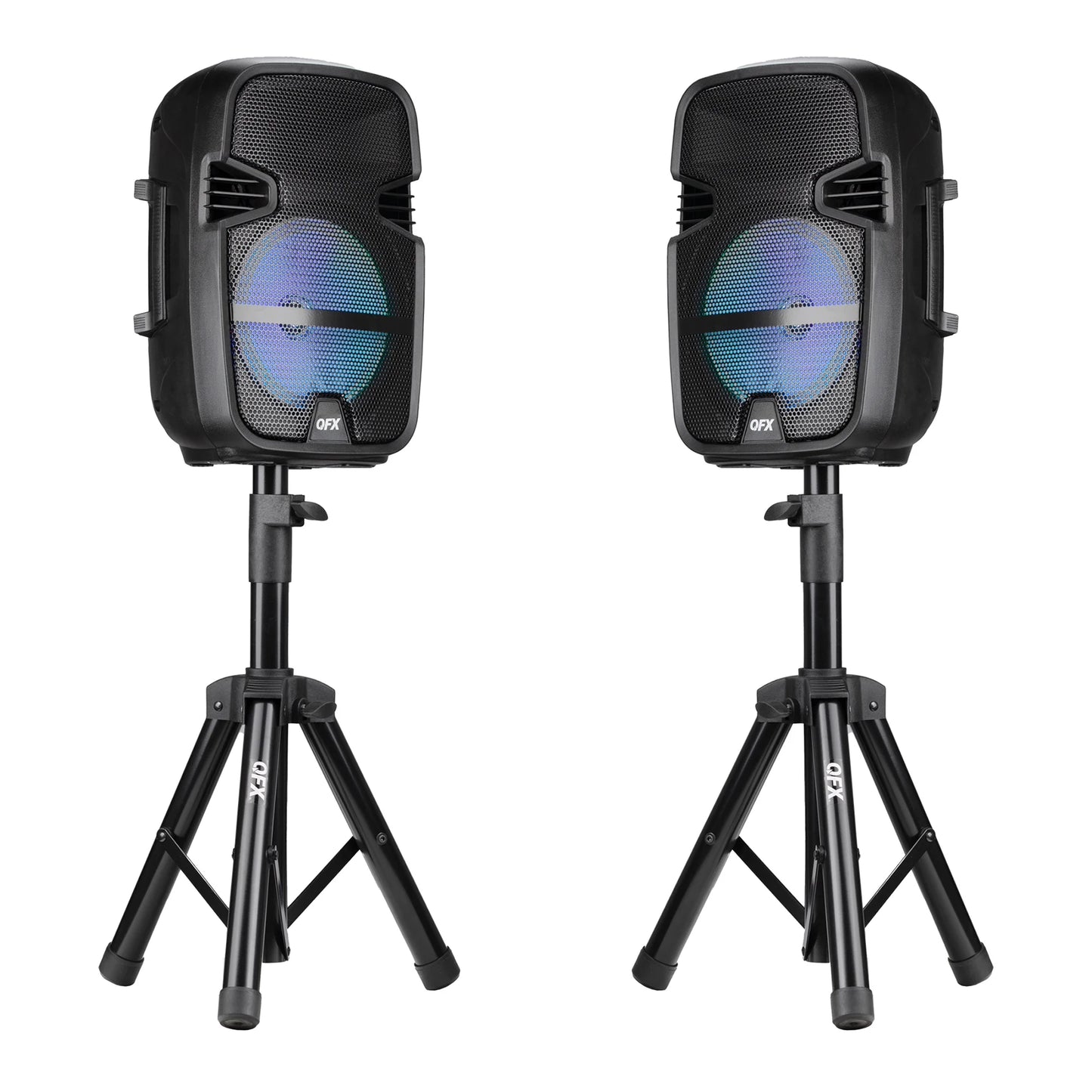 PBX-808TWS TWO 8 INCH PORTABLE PA SPEAKER SYSTEMS with 2 SPEAKERS, 2 SPEAKER STANDS, 2 WIRED MICROPHONES and 2 REMOTES
