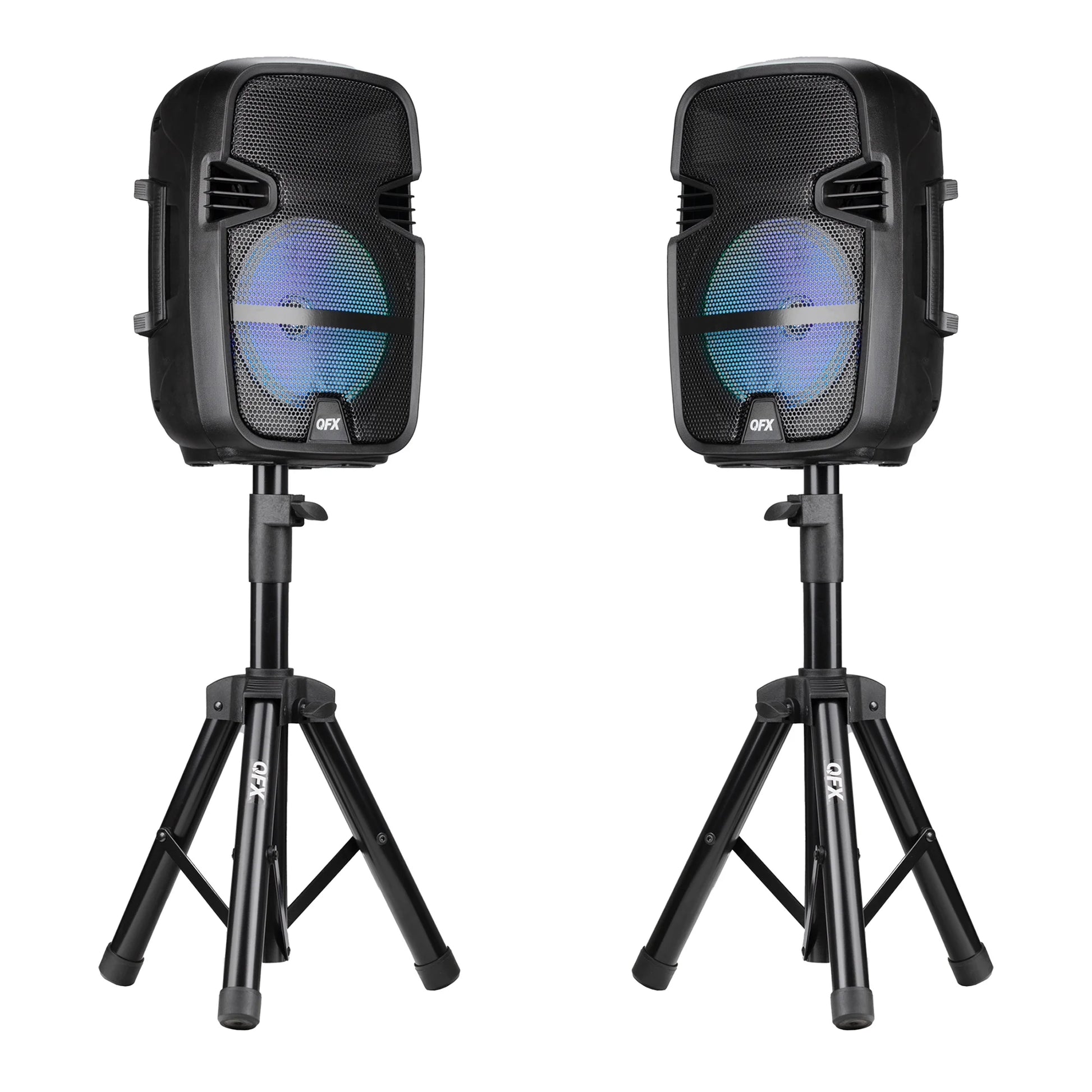 PBX-808TWS TWO 8 INCH PORTABLE PA SPEAKER SYSTEMS with 2 SPEAKERS, 2 SPEAKER STANDS, 2 WIRED MICROPHONES and 2 REMOTES