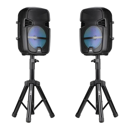 PBX-808TWS TWO 8 INCH PORTABLE PA SPEAKER SYSTEMS with 2 SPEAKERS, 2 SPEAKER STANDS, 2 WIRED MICROPHONES and 2 REMOTES
